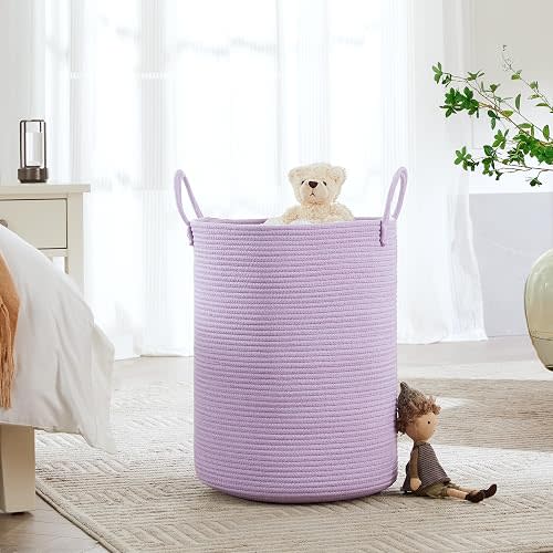 MOJOSCEND 60L Large Purple Laundry Hamper Basket for Nursery Kids Tall Lavender Blanket Basket for Girls Cotton Rope Lilac Clothes Hamper in Bedroom 15Dx20H inches