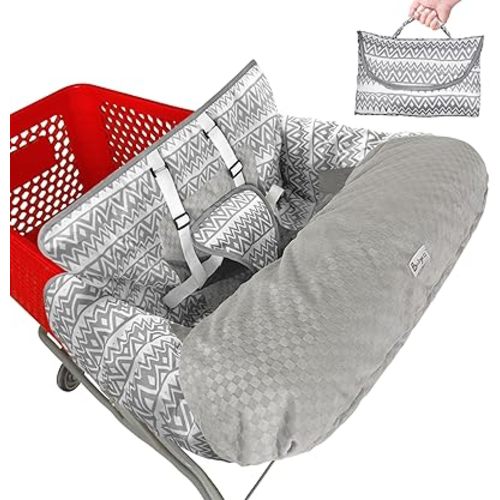 Shopping Cart Cover for Baby Boy or Girl, Soft Velvet Cart Cover for Babies, 2 in 1 Cotton High Chair Cover, Portable and Machine Washable Grocery Cart Cover for Baby, Toddler (Grey Plaid)