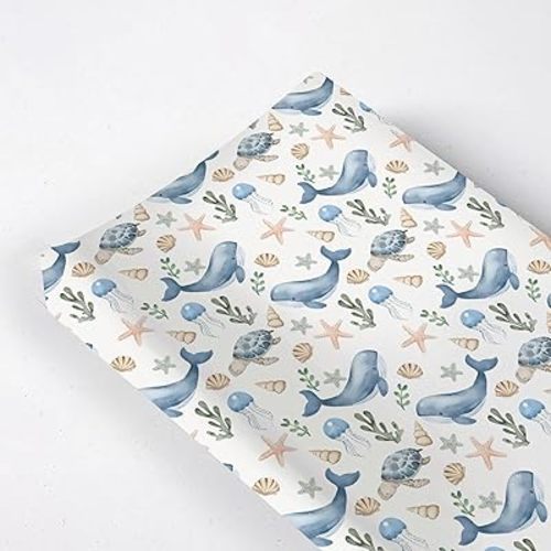 Watercolor Ocean Whale Sea Turtle Starfish Seashells Pattern Baby Changing Pad Cover, Unisex Sea Animal Nursery Diaper Changing Table Pad Mat Sheet for Boys Girls-16x32