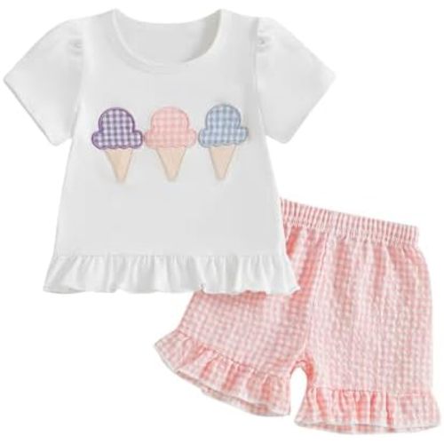 fhutpw Toddler Baby Girls Summer Clothes Smocked Short Sleeve T-Shirt Tops Ruffled Plaid Short Sets Cute Outfits 2Pcs