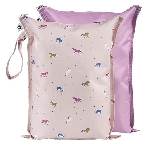 Tiny Twinkle Mess-proof Wet Bags 2 Pack Waterproof and Washable Bag for Travel storage, Stroller, Daycare, Baby Diapers, Yoga, Beach, Pool, Wet Toddler Swimsuits (Unicorn)