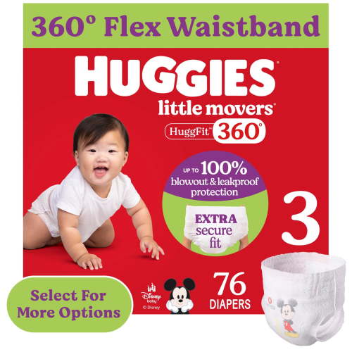 Huggies Little Movers HuggFit 360° Baby Diapers with 360° Waistband, Size 3 (16-28 lbs), 76 Ct (Select for More)