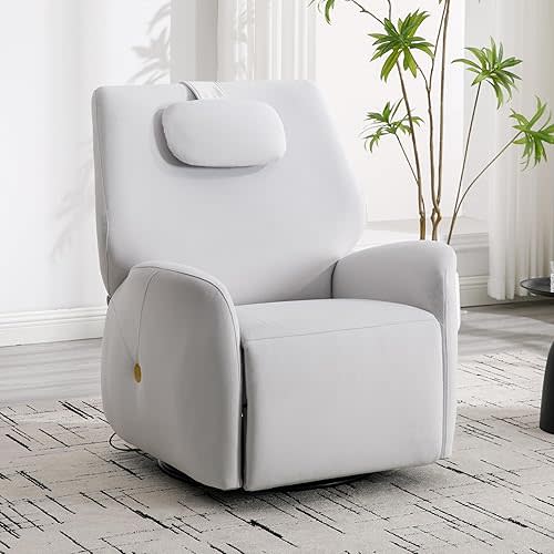 Glider Rocking Chair Nursery, Swivel Rocker, Power Recliner Chair, Nursery Glider Recliner with Adjustable Headrest, USB Ports, Living Room Chairs, Fabric (Fabric White, Adjustable Headrest)