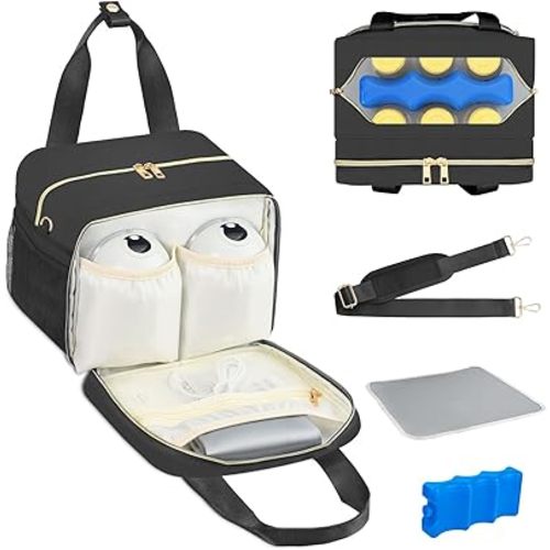 PIIOSER Breastmilk Cooler Bag with Ice Pack, Fits 6 Baby Bottles Up to 9 Ounce, Compatible with Wearable Breast Pumps & Accessories - Portable Pumps Carrying Case for Nursing & Working Moms, Black