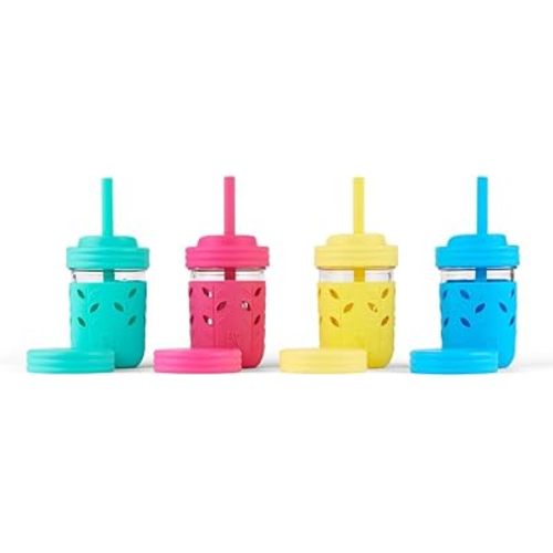 Elk and Friends Kids & Toddler Cups | The Original Glass Mason jars 8 oz with Silicone Sleeves & Silicone Straws with Stoppers | Smoothie Cups | Spill Proof Sippy Cups for Toddlers