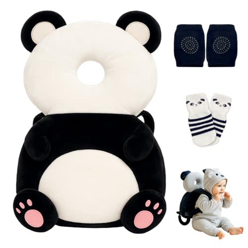 Baby Head Protector Backpack with a Pair of Non Slip Socks and Knee Pads, Baby Pillow Backpack for Falling, Crawling, Adjustable Toddler Head Protector for Infants 6–18 Months