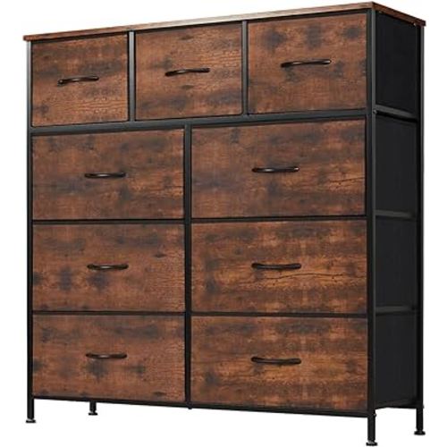 DUMOS Dresser for Bedroom, Storage Organizer with 9 Drawers, Chest of Drawers with Fabric Bins, Sturdy Metal Frame, Wood Tabletop for Guest Room, Closet, Entryway, Brown