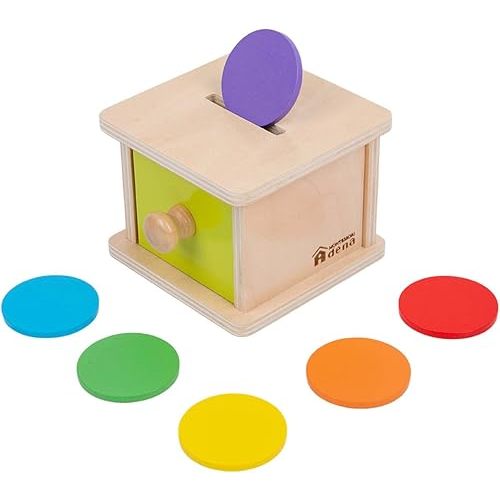 Adena Montessori Coin Box,Object Permanence Box Toys for 1 Year Old Baby Coins,Wooden Montessori Ball Drop Toys Developmental Toys for 6-12 Month Infant Toys,Learning Kids Gifts(Yellow-Green Door)