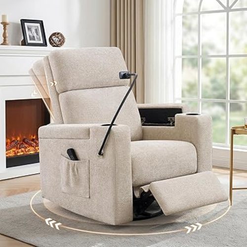 ABCASA Power Recliner Rocking Chair Nursery Glider, Swivel Reclining Nursery Rockers for Baby Room & Living Room, Chenille Chair with Phone Holder, USB/Type-C Ports, Arm Storage, Light Brown