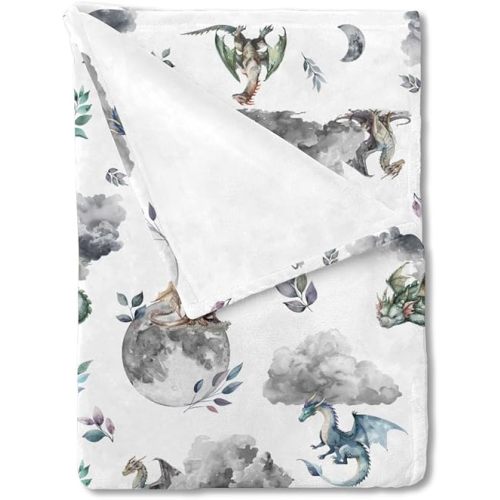 Watercolor Dragons Fairytale Baby Blankets for Boy & Girl, Dragon Wings & Leaves Moon Clouds Pattern, Soft Swaddle & Toddler Newborn Daycare Infant Crib Blanket, 30x40