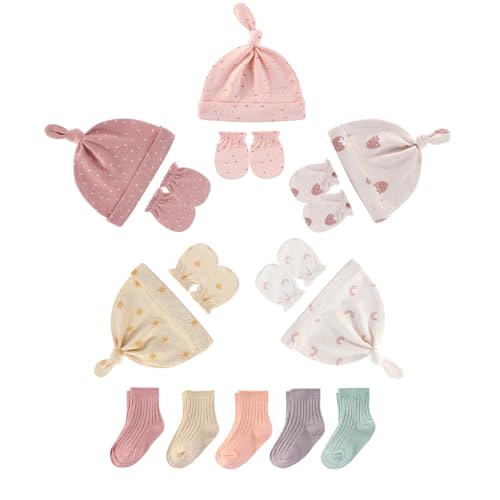 Ruliby Newborn Baby Hats Mittens and Socks Set Infant Cotton Beanie Caps No Scratch Gloves for Boys Girls 0-6 Months