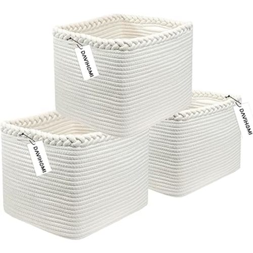 3Pack Rope Woven Cotton Rope Basket for Organizing, Gift Baskets for Handles, Empty Gift Baskets, Medium Rope Basket|13.5" x 11" x 9.5" home decor for Toys,Towels, Clothing(White)