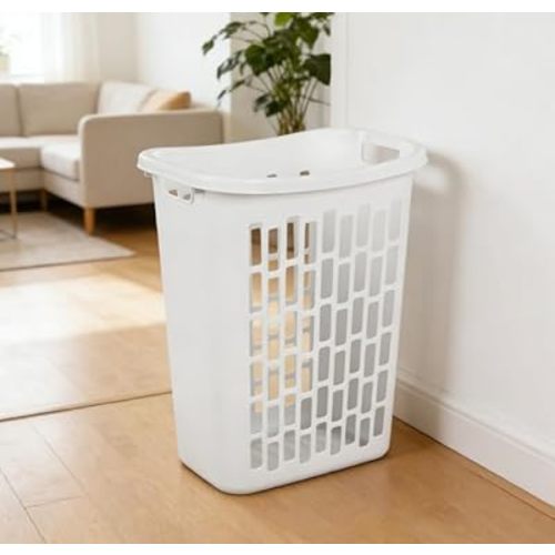 Slim Rectangular Laundry Hamper, Open Top Plastic Basket for Small Spaces, Modern style, sturdy and durable, White