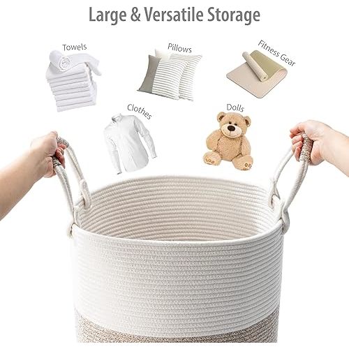 Laundry Basket – Laundry Hamper for Clothes, Blankets, Yoga Mat – Woven Cotton Rope Basket for Living Room, Nursery Room – Boho Style –15”D x 18”H – White & Beige Brown
