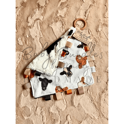 Cows and Cow Print Minky Tag Lovey with Silicone Teething Ring