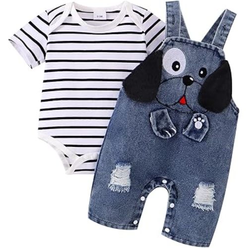 Baby Boy Clothes Newborn Striped Romper Summer Outfits + Infant Cartoon Animals Jeans Suspender Overalls 0-18 Months