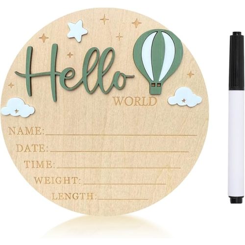 Baby Announcement Sign, 5.9 Inch Wooden Hello World Newborn Sign,Welcome Baby Signs,Birth Announcement Signs,Newborn Name Personalized for Photo Prop Clouds Balloon Design Hospital Nursery (Forest Green)