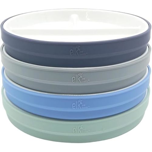Elk and Friends Kids 7.8” Porcelain White Plates with Silicone Sleeves | Divided Plates | Suitable for Kids/Toddlers | Microwave & Dishwasher Safe | Non Slip | Snack Dishes