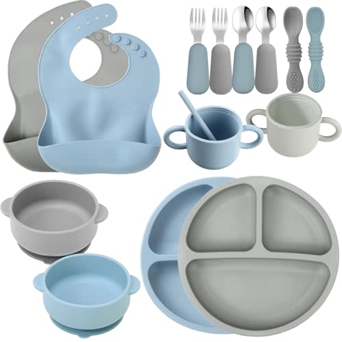 16 Pcs Baby Led Weaning Supplies Silicone Baby Feeding Set Baby Plates with Suction Baby Utensils with Divided Adjustable Bib Bowl Cutlery Snack Cup Spoons Straw 6 Months+ (Blue, Smoky Gray)