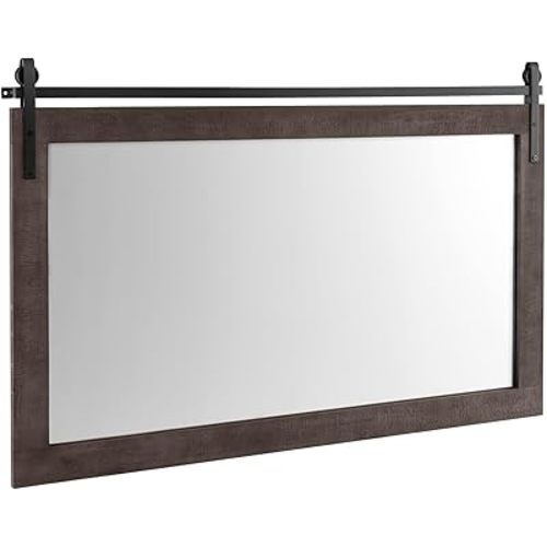 Tangkula Rustic Farmhouse Wall Mirror, 40 x 26 Inch, Barn Door Style with Wood Frame & Metal Bracket, Wall-Mounted Decorative Mirror for Bathroom, Living Room, Entryway