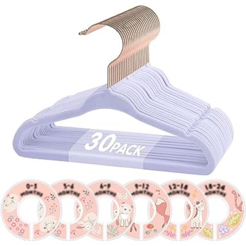 Baby Hangers, VIS'V 11 Inch Lavender Velvet Kids Hangers with 6 Pcs Size Dividers Non Slip Nursery Children Closet Clothes Hangers for Infant Toddler Girls and Boys 30 Pcs