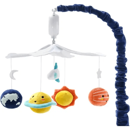 The Peanutshell Crib Mobile for Boys or Girls - White and Dark Blue Musical Baby Crib Mobile with 12 Lullabies, Planets Baby Spectacular Space Nursery Decor