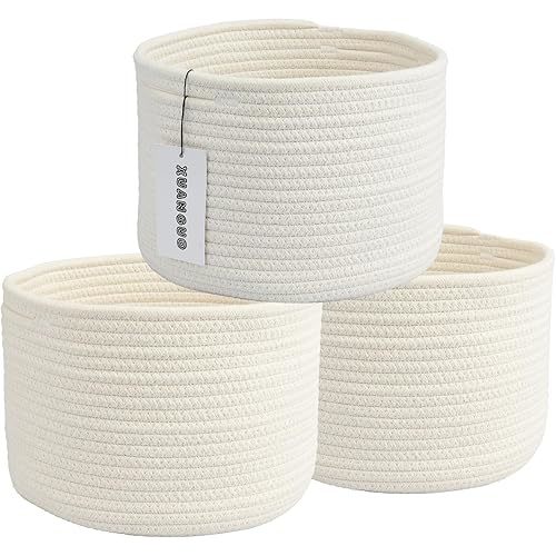 Woven Cotton Storage Baskets - 3-Pack Round Bins (10x10x7'') for Shelves, Closets & Bookcases | Durable Rope Organizers for Nursery, Baby, Toys, Easter & More (white)