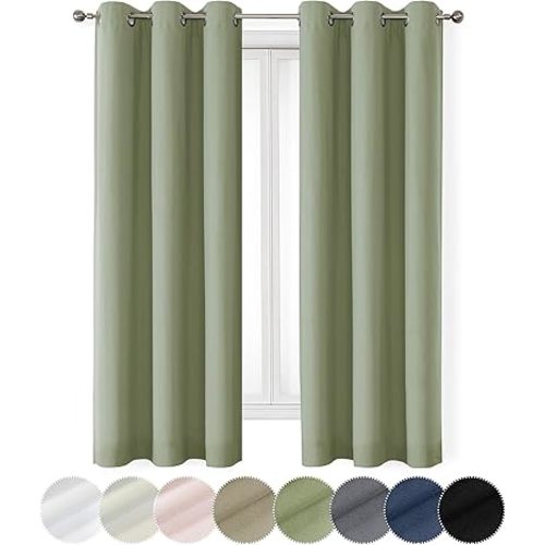 OWENIE Maya 100% Blackout Curtains 63 Inch Length 2 Panels Set, Warm Energy Saving Solid Light Blocking Curtains for Bedroom, Thermal Insulated Window Treatments, Sage Green, W37 x L63 inch