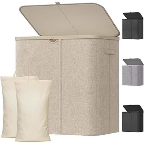 Lifewit 145L Large Laundry Basket with Lid, Laundry Hamper with Plastic Handles and Removable Bag, Foldable Tall Dirty Clothes Hampers for Laundry for Laundry Room, Bedroom, Bathroom, Dorm, Beige