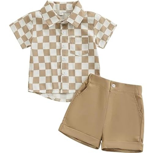AEEMCEM Toddler Baby Boy Clothes Checkered Short Sleeve Button Up Shirt Top and Shorts Set 2 Piece Summer Outfits