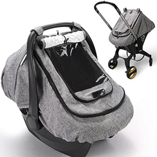 Waterproof Car Seat Cover for Baby, 2-Layer Car Seat Rain Cover with Clear Window & Sunshade & Mesh Cover, Universal Infant Carseat Canopy for Stroller, Protect from Rain and Snow - Gray