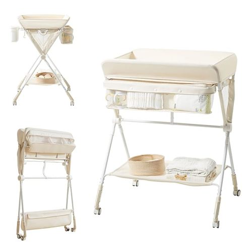 Baby Diaper Changing Table, Portable Diaper Changing Table with Wheels, Foldable Changing Table with 3-Level Adjustable Height, Portable Changing Table with Storage Oatmeal