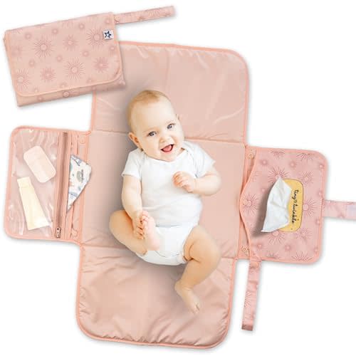 Tiny Twinkle Portable Diaper Changing Pad | Waterproof, Wipeable & Compact Baby Changing Pad for Travel | Smart Wipes Pocket & Organized Storage| Newborn Shower Gift (Shine)