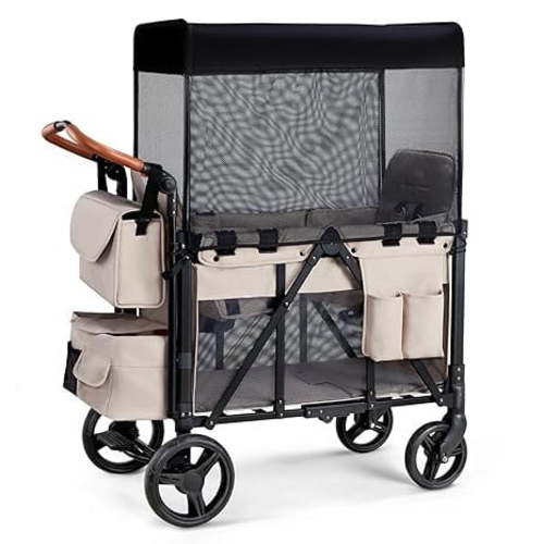 Matladin Wagon Stroller for 2 Kids,Foldable All-Terrain Wagon for Toddler with Canopy,5 Point Harness,Adjustable Handlebar,Shoulder Bag,Beige