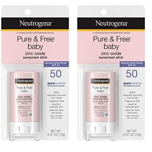 Neutrogena Pure & Free Baby Mineral Sunscreen Stick with Broad Spectrum SPF 50 & Zinc Oxide, Water-Resistant, Hypoallergenic, Paraben-, Dye- & PABA-Free Baby Face & Body Sunscreen, 0.47 oz (Pack of 2)