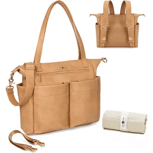 miss fong Diaper Bag Tote Baby Bag Leather Diaper Bag Backpack Large Diaper Tote Bag with 11 Pockets Pañaleras Para Bebe with Diaper Changing Pad, Stroller Straps,4 Insulated Pockets