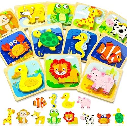 Benresive Wooden Toddler Puzzles Ages 1-3, Montessori Toys for 1 2 3 Year Old Boys Girls, 12 Pack Animal Toddler Toys Gifts for 1 2 3 Year Old Boys Girls, Learning Educational Preschool Puzzles