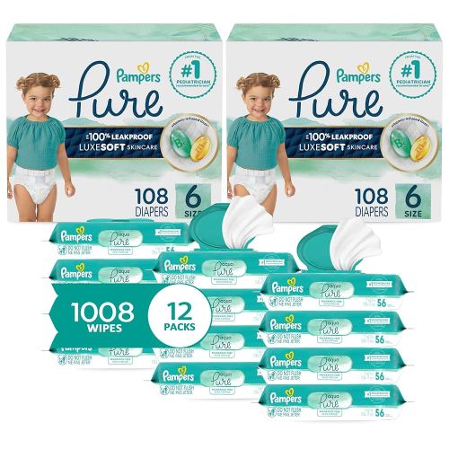 Pampers Pure Protection Disposable Baby Diapers Size 6, 2 Month Supply (2 x 108 Count) with Aqua Pure Sensitive Baby Wipes, 12X Pop-Top Packs (672 Count)