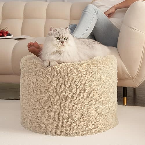 Hansleep Round Pouf Ottoman Foot Rest, 17 x 14 Small Faux Fur Stuffed Pouf for Chair, Foam Filled Foot Stools Ottomans for Living Room, Brown