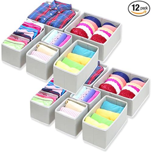 Simple Houseware Foldable Cloth Storage Box Closet Dresser Drawer Divider Organizer Basket Bins for Underwear Bras, Grey (Set of 12) - 4L / 4M / 4S