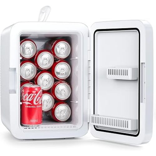 Compact Mini Fridge, 15 Can Portable Small Refrigerator with AC/DC Adapters, 10 Liter / 2.6 Gal Small Cosmetics Cooler for Beverage, Food, Skincare, Bedroom, Dorm, Office and Car, White