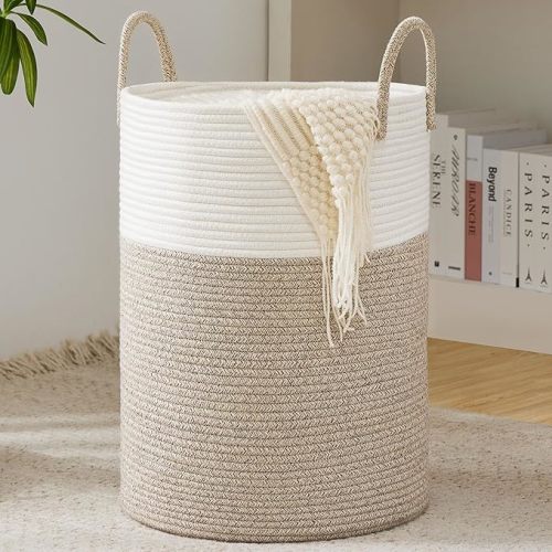 Cotton Rope Laundry Basket by YOUDENOVA, 58L Woven Collapsible Laundry Hamper, Clothes Hamper with Reinforced Handles in the Laundry Room, Bedroom, Bathroom, Brown