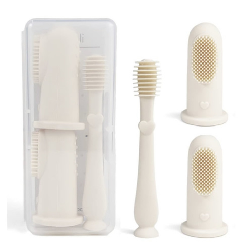 Ali+Oli Oral Care Set for Baby (Ivory) Includes Dual-Sided Baby Finger Toothbrush x 2, Tongue Scraper for Baby, Protective Case, BPA, Phthalate, and PVC Free, Food-Grade Baby Care Products for Infants