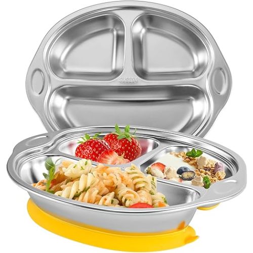Stainless Steel Baby Suction Plates: Divided Plates Designed for Babies and Toddlers, Made of 100% Food-Grade Materials Ideal for Baby-Led Weaning BPA-Free Toddler Feeding Dishwasher Safe Yellow