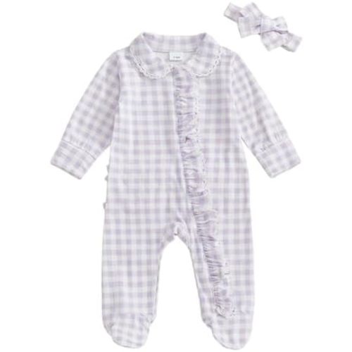 Newborn Baby Girl Outfits Bow/Plaid Print Footed Jumpsuit Ruffle Zipper Romper Cute Fall Baby Coming Home Outfit