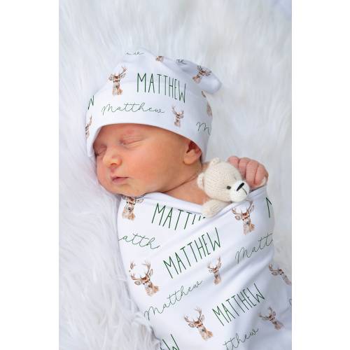 Woodland Personalized Baby Swaddle Blanket, Deer Hunting Blanket, Custom Deer Baby Name Blanket Hospital Blanket Baby Shower Gift New Baby
