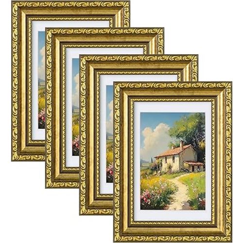 eletecpro 4x6 Picture Frames Set of 4, Vintage Gold Photo Frames with Glass, Displays 3.5x5 Photo with Mat or 4x6 without Mat for Tabletop or Wall Decor, Gold