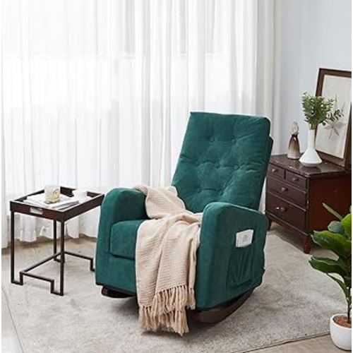 Nursery Rocking Chair, Oversized Dutch Velvet Nursery Glider Rocker with Solid Wood Base and Side Pocket, Comfy High Back Armchair Single Sofa Chair for Living Room, Bedroom, Office Antique Green
