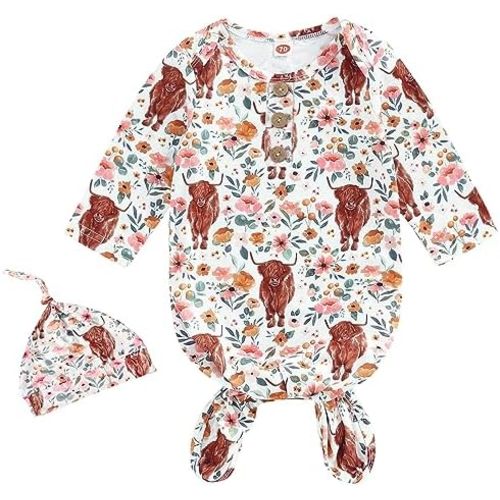 AMAWMW Newborn Baby Boys Girls Cartoon Sleeper Gown Long Sleeve Mountain Nightgown Hat Outfits