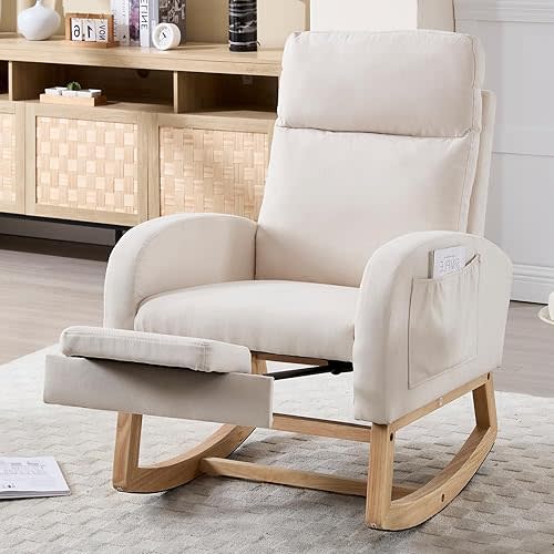 NIOIIKIT Oversized Nursery Rocking Chair, Linen Upholstered Glider Chair with Footrest, Large Glider Rocker with Side Pocket, Rocking Accent Chair, Glider Recliner for Living Room (Beige Linen)